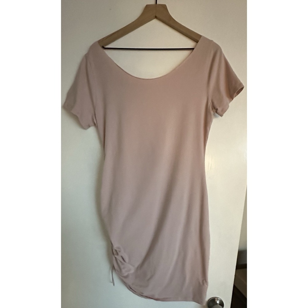 MICHAEL KORS Women's Stretch Ruched T-Shirt Dress Asymmetric MK logo Pink Cut